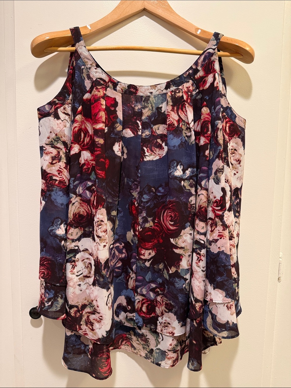 Hot in Hollywood Navy Floral Pleated Camisole with Burgundy Accents